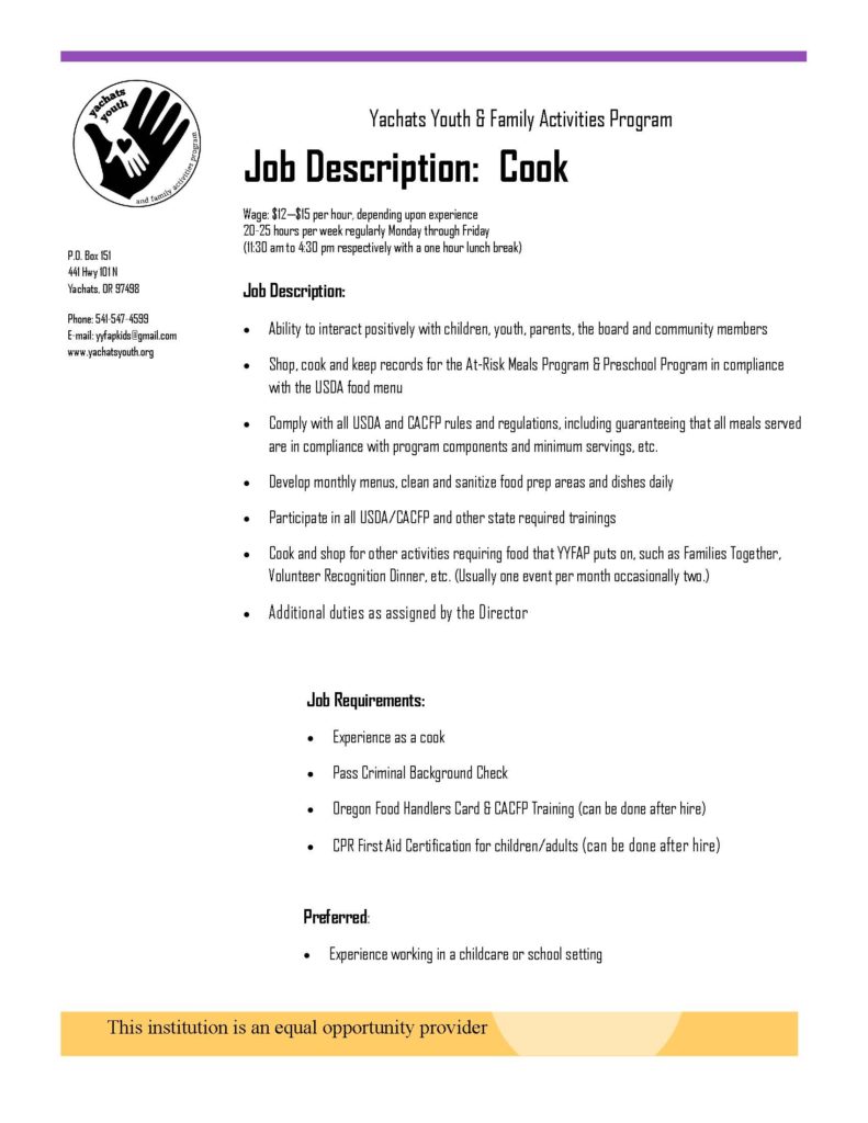 YYFAP is seeking a part-time cook.